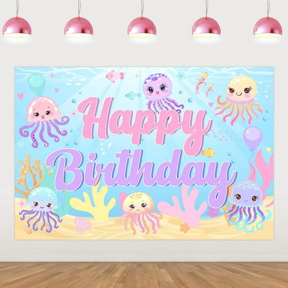 7x5FT Jellyfish Party Decorations Banner for Girl Under The Sea Theme Happy Birthday Backdrop Sea Animals Background Photography for Ocean Animals Birthday Party Supplies