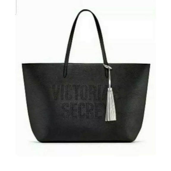 Victoria's Secret Women's Faux Leather Solid Print Tote Handbag, Black
