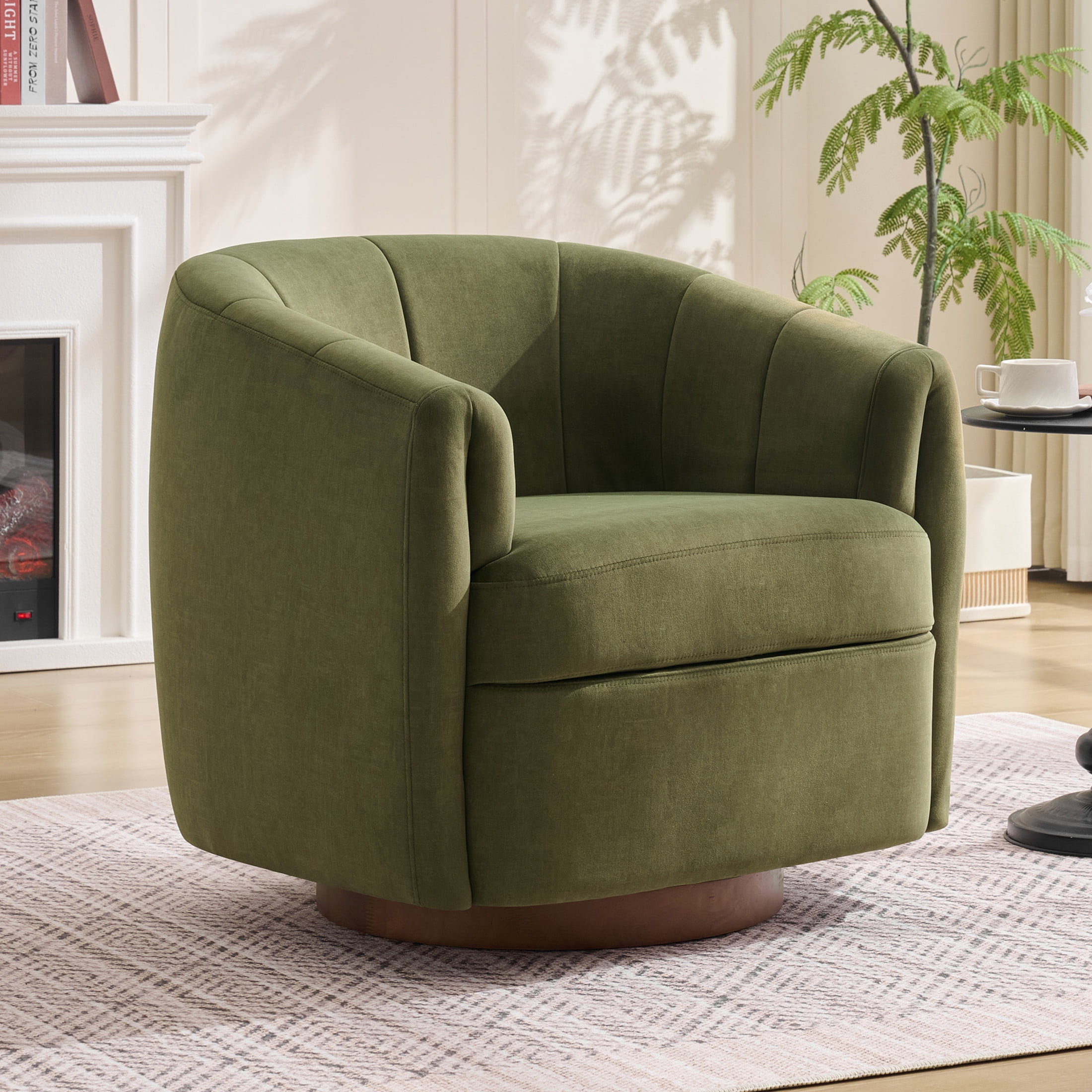 Noble House Swivel Accent Chair with Solid Wood Base, Velvet Upholstered Armchair for Living Room, Green
