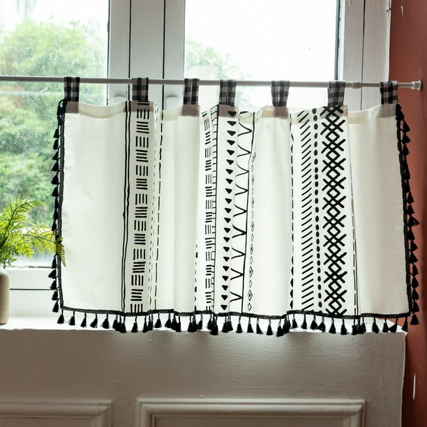 Cortinas de cocina de 59 pulgadas de largo, juego de cortinas con estampado de cuadros en blanco y negro, para baño, sótano, cafetería, bolsillo para barra, 17,7 pulgadas de ancho ER Rojo Verde