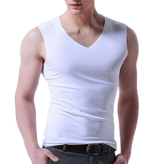 Gephdiin Sleeveless Shirts for Men Men's Fashion Spring and Summer Casual Sleeveless V Neck Undershirt Men's Ice Silk Undershirt Mens Tank Tops Summer Mens Compression Tank Top White M