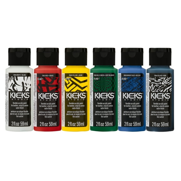 Kicks Studio Flexible Acrylic Paint Set for Leather, Vinyl, and other DIY Arts and Crafts Surfaces, 2 fl oz, 6 Pc