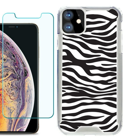 For Apple iPhone 11 Case, Hybrid Bumper Phone Case, with Tempered Glass Screen Protector, by OneToughShield ® - Zebra B/W