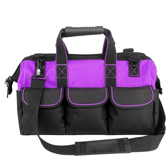 Yongzhenlite Garden Tools Bag 16inch Wide Mouth Tool Tote with Molded Base and Multi-Pockets for Men Heavy Duty,600D polyester fabric (Purple color)