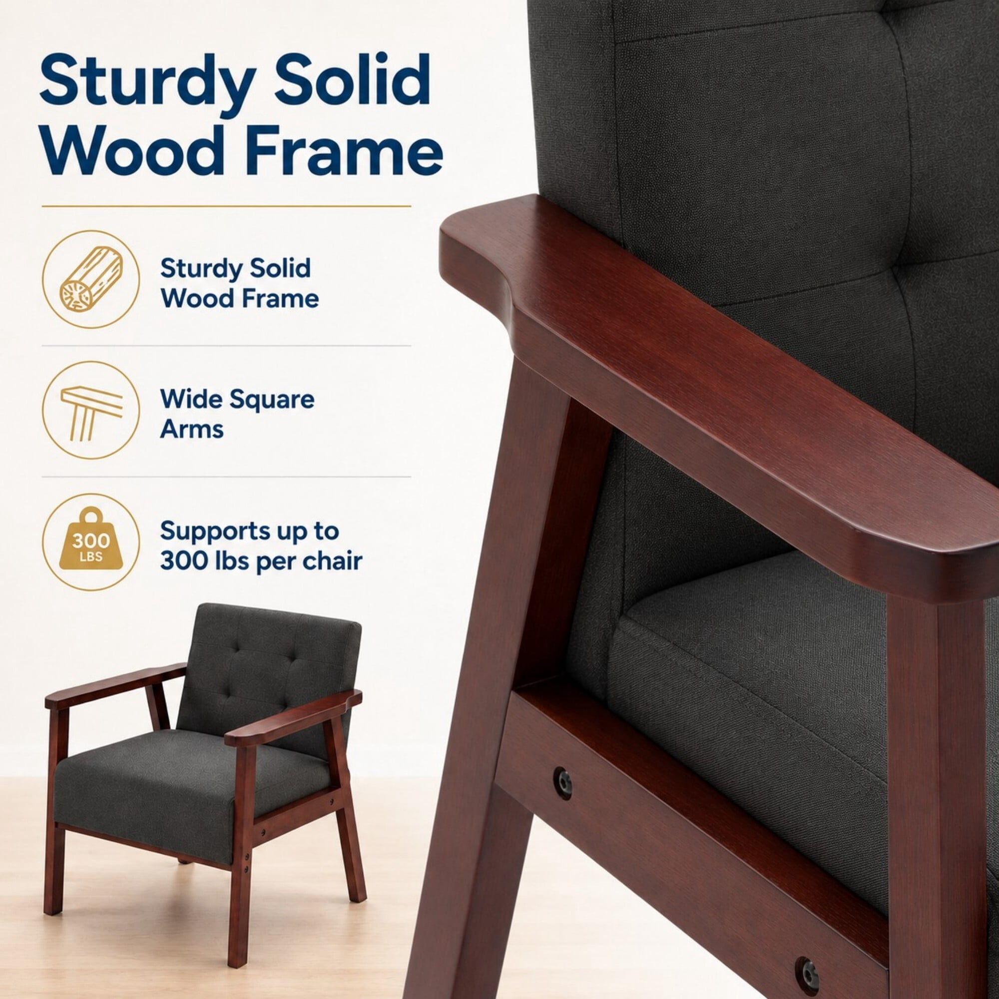 DEALTOPS Set of 2 Linen Accent Chairs, Wood Frame Tufted Armchairs with Square Arms, Charcoal Gray