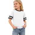 thumbnail image 2 of ZHOGXU Children Kids Girls T Shirt Short Sleeve Round Neck Striped Print Casual Comfortable Top Tee For Everyday Play And School,White,6-7 Years, 2 of 5