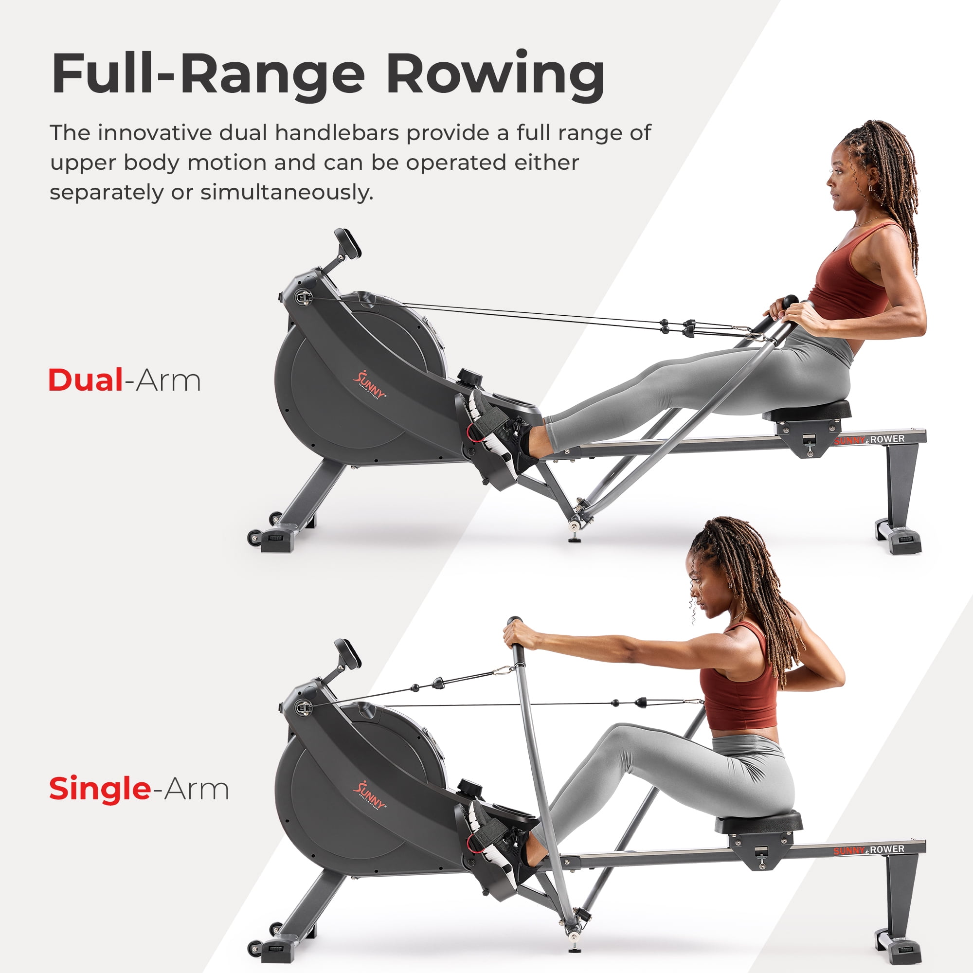Sunny Health & Fitness MotionMax Foldable Magnetic Rowing Machine with Full Feathering Capability + Extra-Long 51” Rail w Smart Bluetooth & FREE SunnyFit® App- SF-RW522067