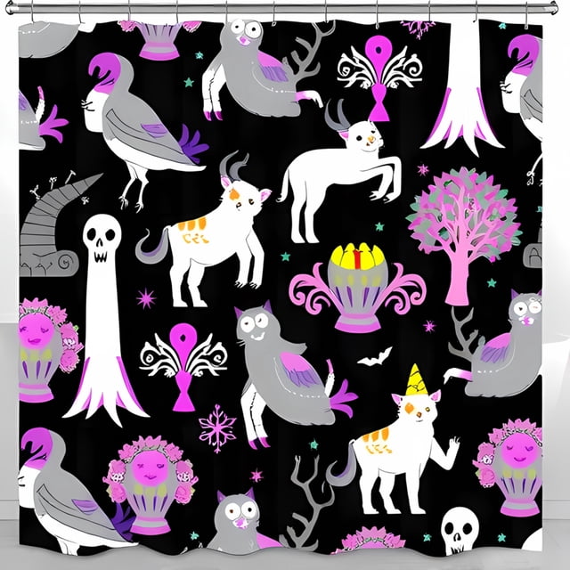 Whimsical Gothic Shower Curtain with Fantastical Creatures & Floral Design Perfect for Halloween Decor
