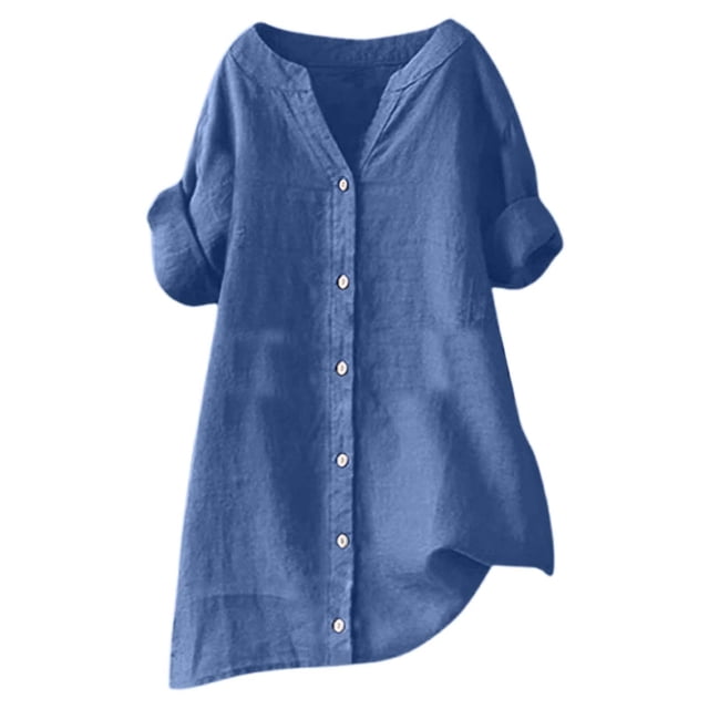 Camisa de manga 3/4 con botones para mujer a la moda: prenda informal para el día a día, color liso, tejido transpirable