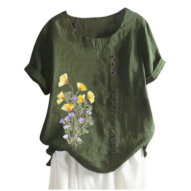 Camiseta Casual de Manga Corta con Botón de Cuello Redondo de las Mujeres, Tops Cortos para las Mujeres