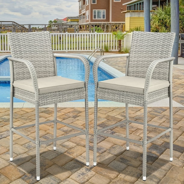 Bar Stool Chairs, Upgraded Gray Wicker Bar Height Chairs with Cushions