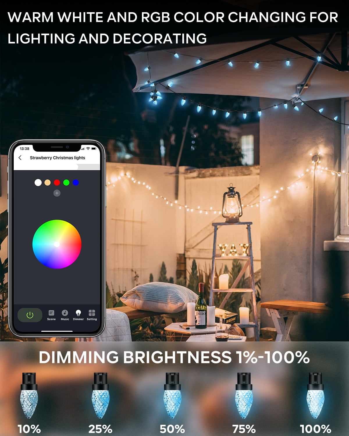 iBaycon Smart C9 Christmas Lights, 50 LED 33ft Bluetooth Outdoor Christmas Lights String, App Remote Controlled, Music Sync Color Changing RGB Connect