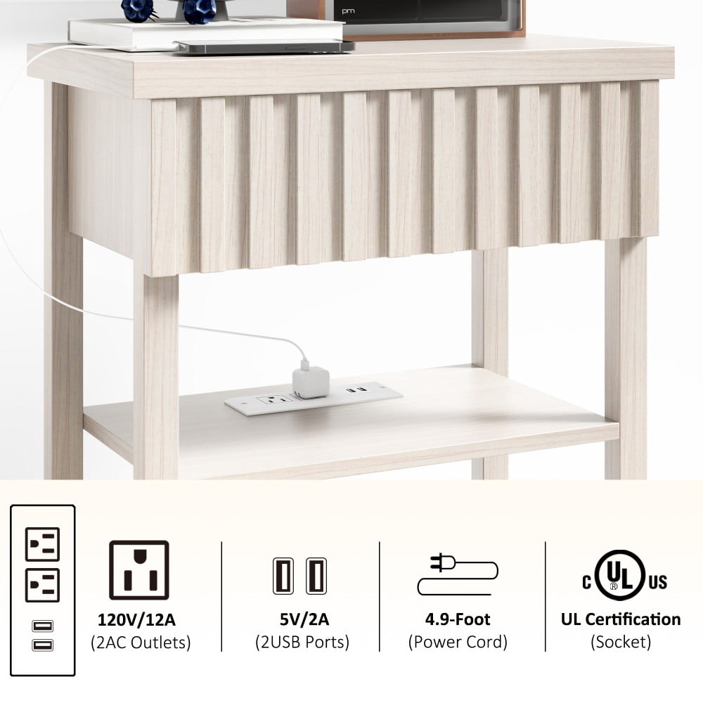Nightstands Set of 2 with Charging Station, 2 USB Ports & 2 AC Outlets, Fluted Farmhouse Bedside Tables with Drawer & 2 Open Shelves, Beige