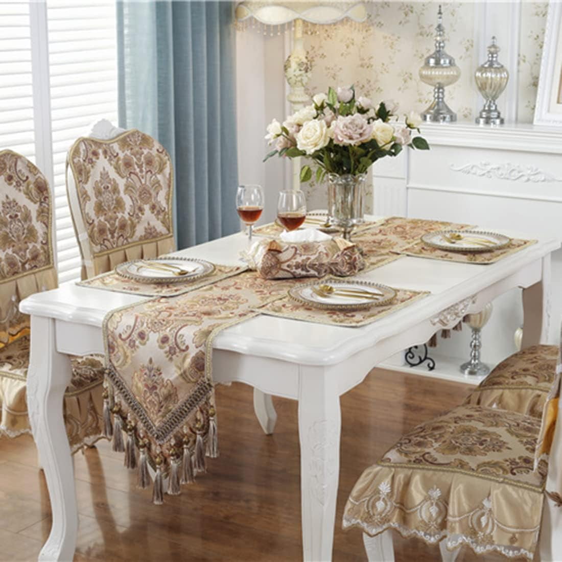 CHUNTIAN French Country Luxury Floral Pattern Table Runner with Beads Tassels Kitchen Decor Silk Blend Tea Table Table Runners (Beige,13" W x 89" L)