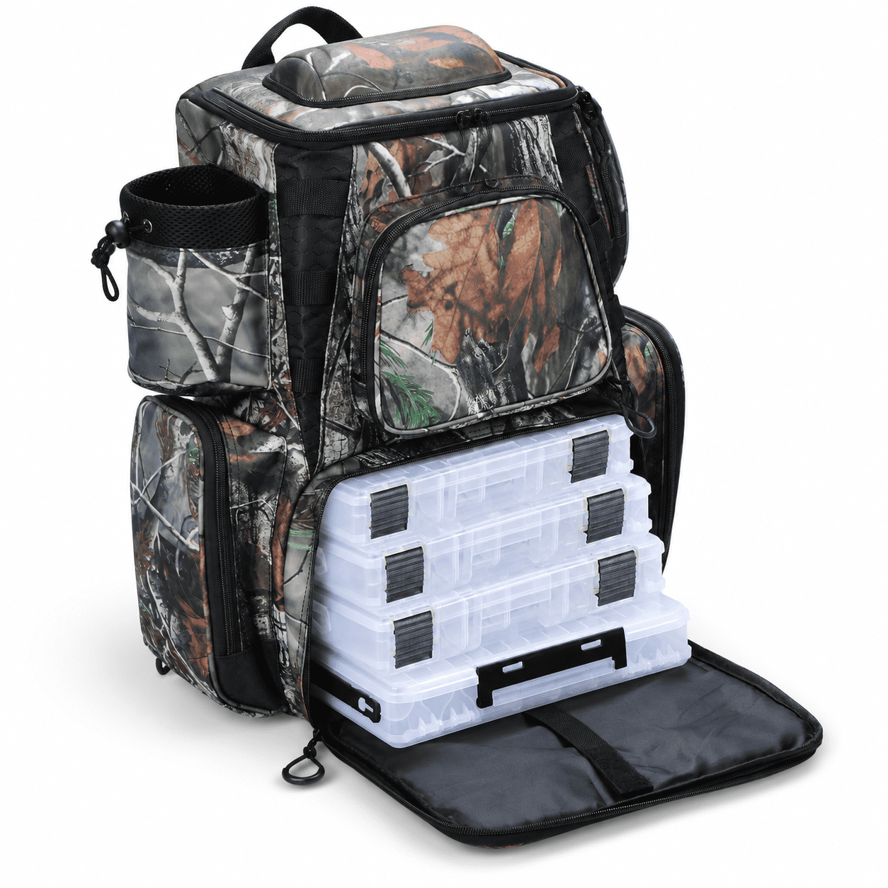 Camouflage Waterproof Fishing Tackle Backpack with 4 Trays and Rain Cover