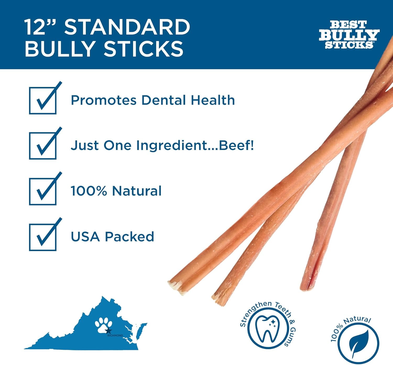 Best Bully Sticks 12 Inch Bully Sticks - 8 oz (Pack of 1) - 100% Natural Grass-Fed, Grain and Rawhide Free, Perfect for Medium or Large Canines