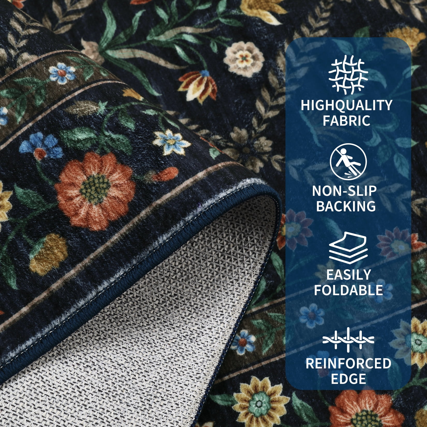 Senfot 8x10 Floral Print Area Rug Machine Washable Non-Slip Stain Resistant Low Pile Bordered Farmhouse Rug for Living Room Bedroom Home Office Blue