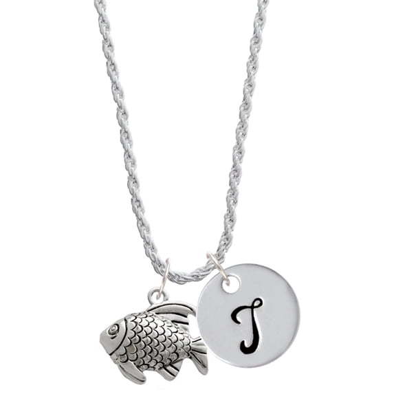 Delight Jewelry Silvertone Antiqued Fish Silvertone Script Initial Disc - T - Charm Necklace, 20"+3"