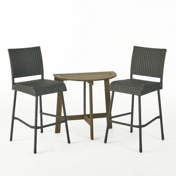 Noble House Meadow 3 Piece Half-Round Wooden Patio Bar Set in Gray