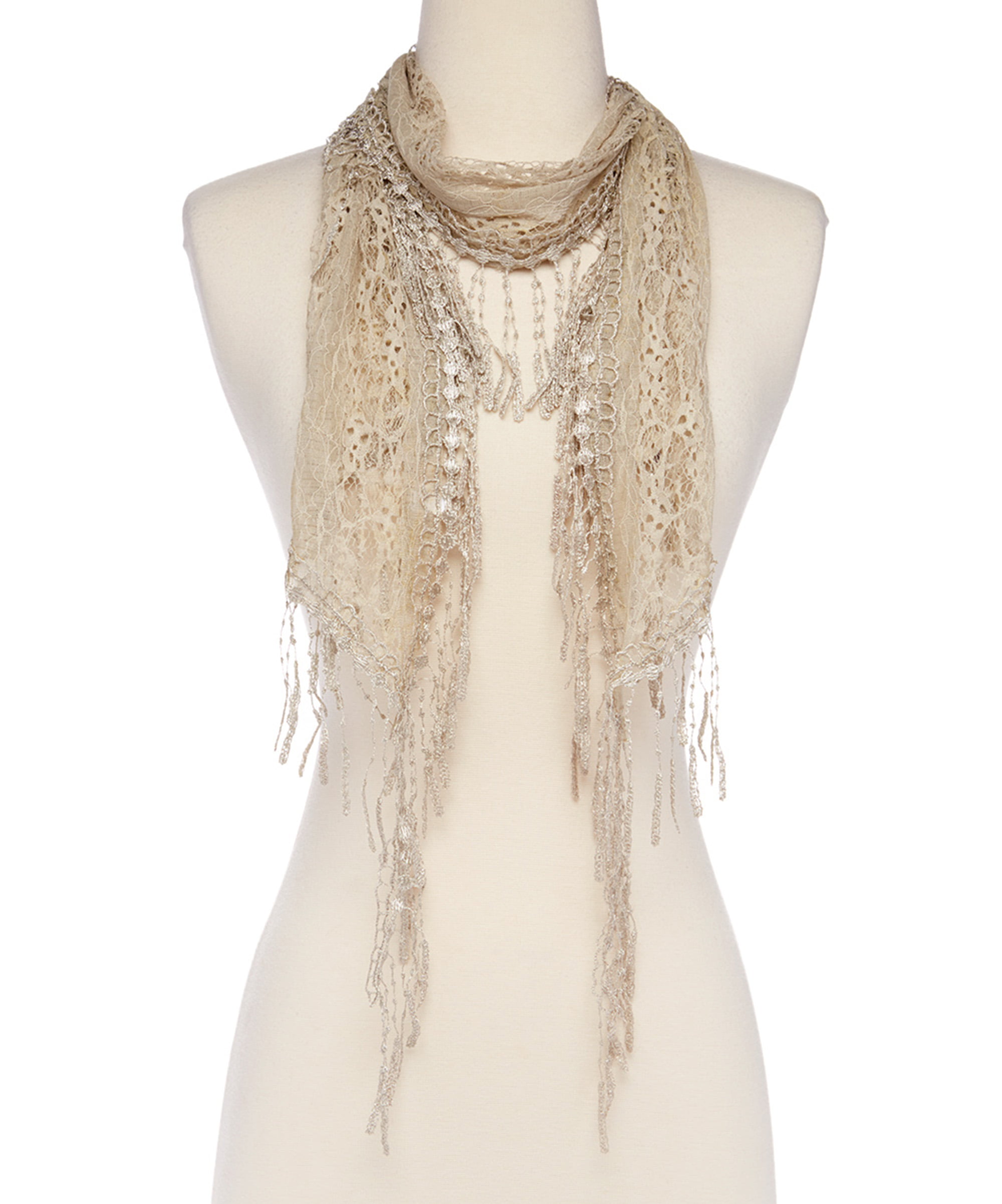 Classy fine lace scarf with circular and tiered tassels 4 colours 
