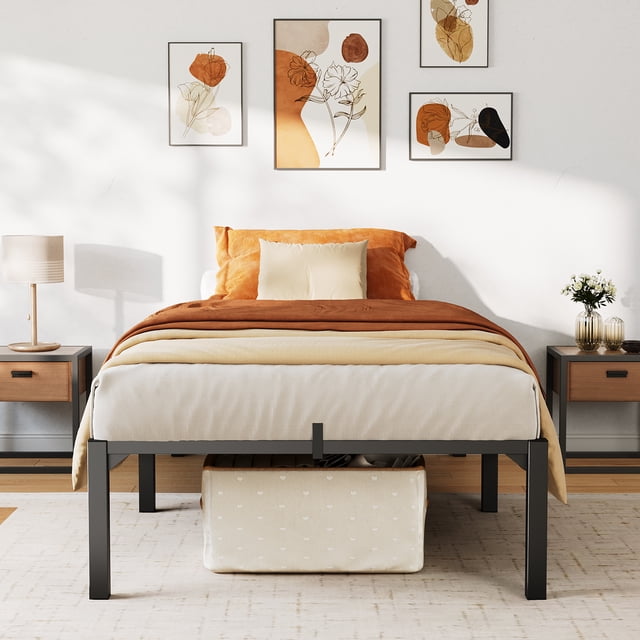 PIONEERWORKS Twin Bed Frame, Heavy Duty Metal Platform Bed Frame with 14" Under Bed Storage Space, No Box Spring Required, Tool-Free Bed Frame,No Screws Needed, Support Up to 800 LBS
