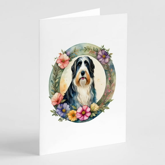 Bearded Collie and Flowers Greeting Cards and Envelopes Pack of 8 7 in x 5 in