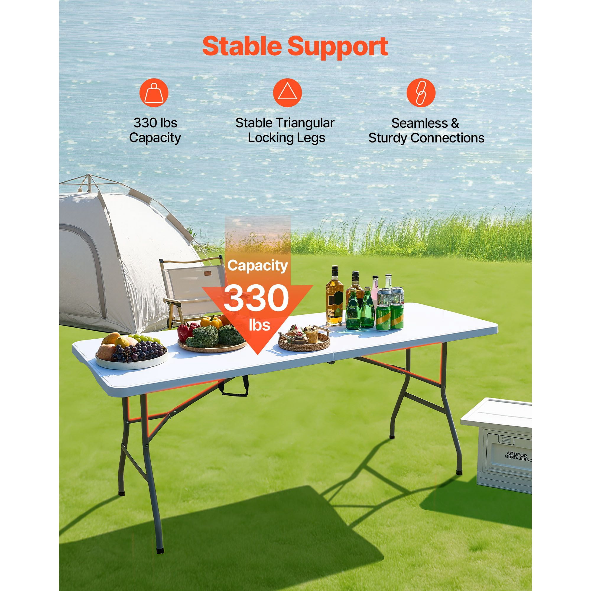 6 FT Fold-in-Half Utility Folding Table, 3.8cm Thick HDPE Portable Rectangle Table Supports 330 LBS, Built-in Handle Locking Legs for Camping Picnic BBQ Wedding Indoor Outdoor
