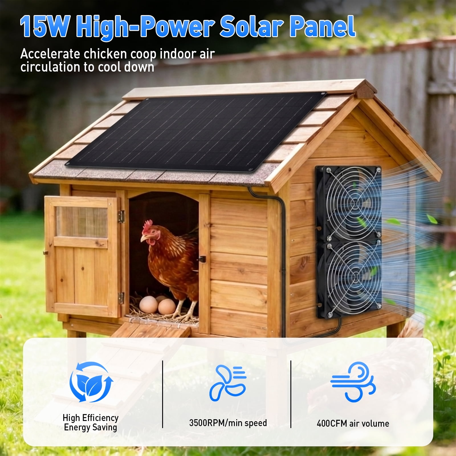 Jinghua Solar Powered Exhaust Fan for Chicken Coop,Pet House ,Sheds,15W, IP65 Waterproof, 1 Pack