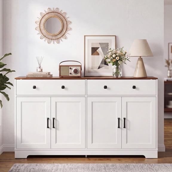 63In White Farmhouse Sideboard Buffet Cabinet with 4 Doors 2 Drawers and Adjustable Shelves