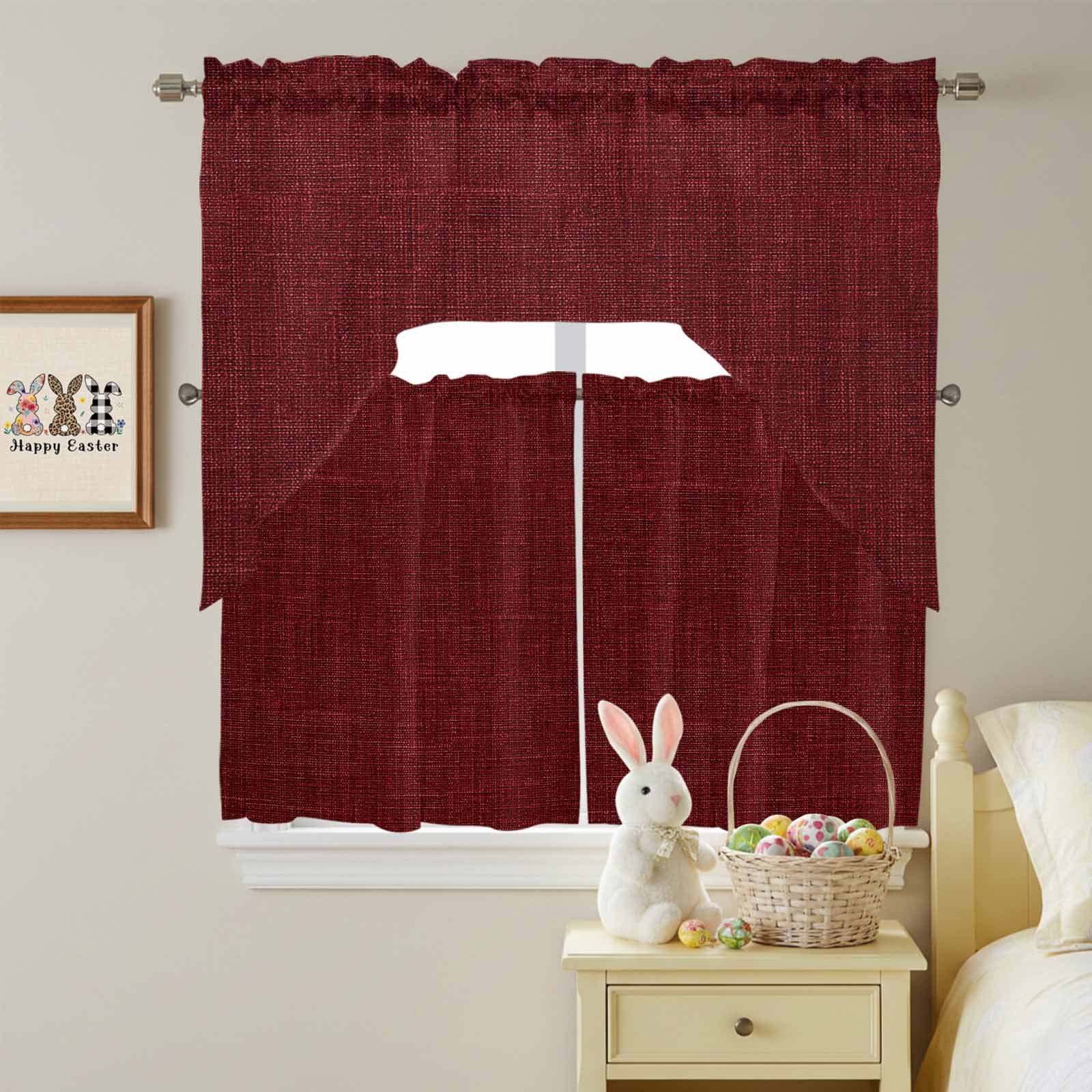 Wine Red Linen Swag Curtains Valance & Tier Set, Farmhouse Pure Color Country Farm 3 Pcs Set Kitchen Swag Valances and Tiers 24 Inch Length Rod Pocket Curtain Drapes for Bedroom