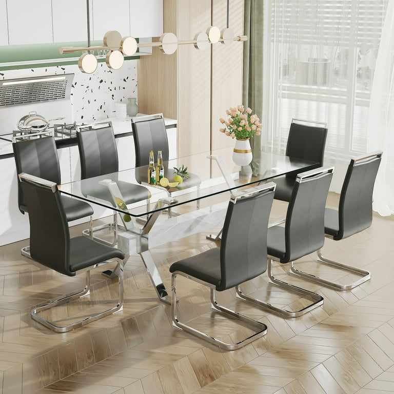 Glass dining table cheap with silver legs