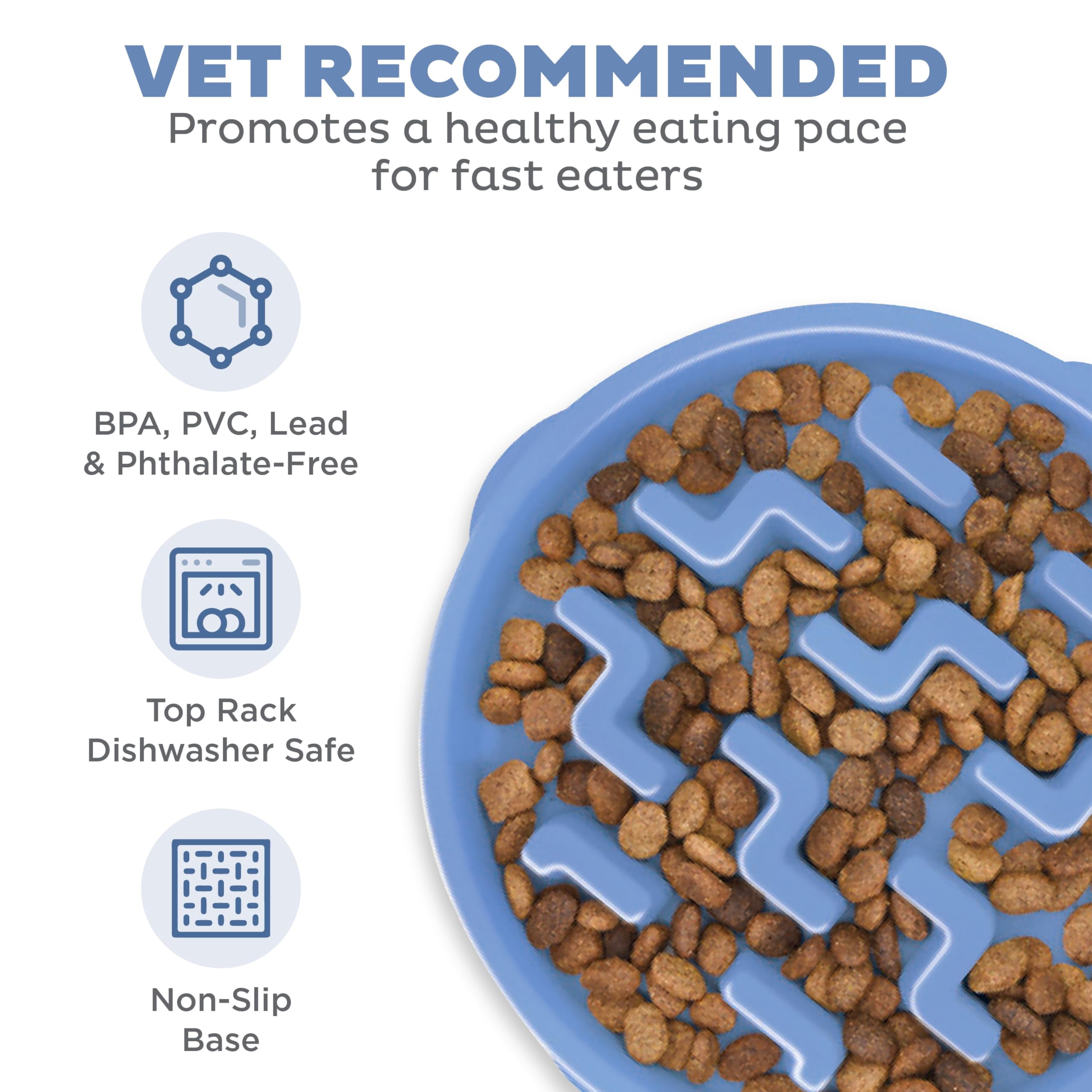 Slow feeder dog bowl, large, 4-cup maze design for medium/large dogs. Promotes healthy eating, reduces bloating/choking, interactive fun. Non-slip, easy-clean, blue.