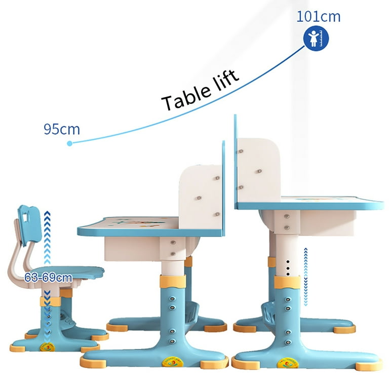 Wilitto Widened Desktop Multi Separation Cartoon Pattern Desk Chair Set Kids Adjustable Height Study Table with Drawer Chair Set(Blue)