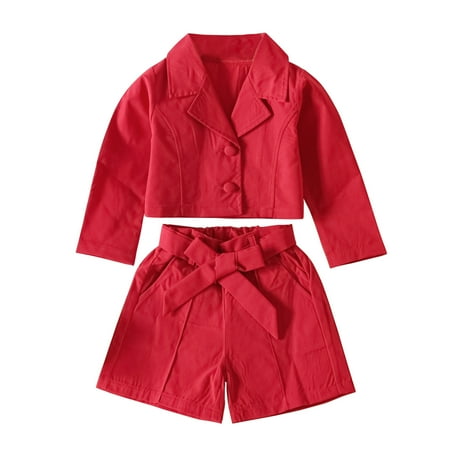 

Toddler Baby Clothing Outfit Toddler Kids Baby Girls Long Sleeve Turn Down Collar Solid Coat Jacket Shirt Tops Bow Shorts 2Pcs Outfits Clothes Set