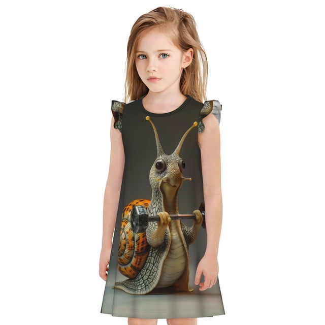Fotbe Surreal Weightlifting Snail Vestido de Dormir para Niñas de 3 a 10 Años, Mangas Cortas, Estilo Princesa, Pijama Camisón con Mangas Voladas-Medium