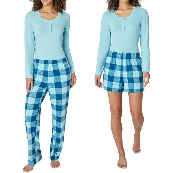 Eddie Bauer Women's 3-Piece Waffle Knit Pajama Set (Blue, X-Large)