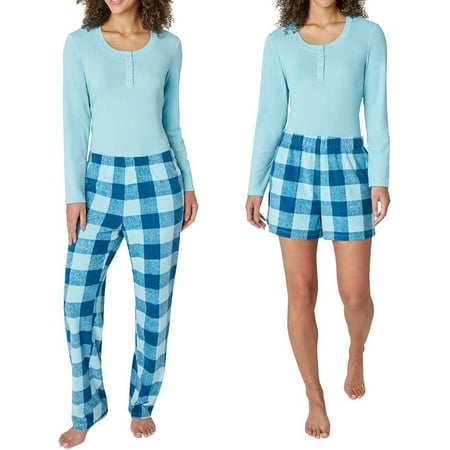 Eddie Bauer Women's 3-Piece Waffle Knit Pajama Set (Blue, X-Large)