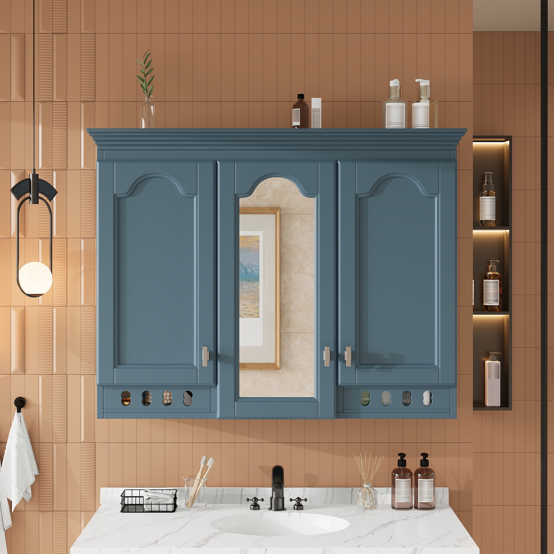 Noble House 35" Wall Mounted Mirror Cabinet with Adjustable Shelves, Soft-Close Hinges, Blue