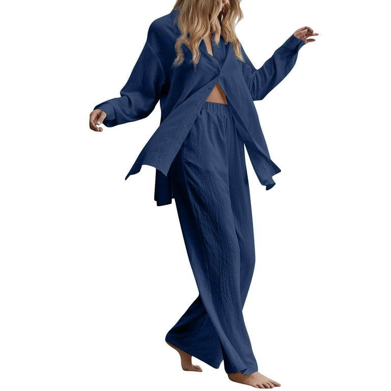 Mortilo 2 piece outfits for women Women Ladies 2 Piece Retro Plus Size Cotton And Shirt Suit High Waist Slacks Suit Top Pants Long Sleeve women outfits Blue2 XL Walmart