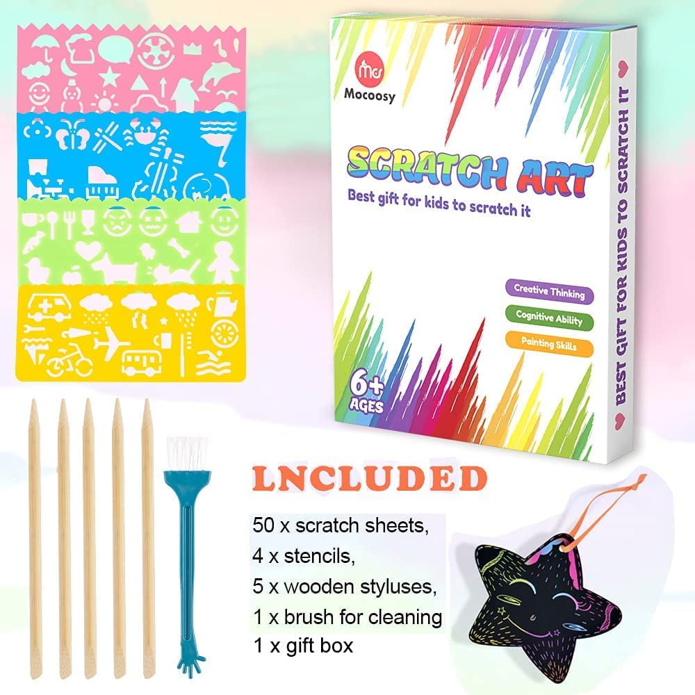  Mocoosy 140PCS Rainbow Scratch Paper Set, Magic Scratch Art  Deluxe Combo with Case, Include Black Scratch Off Sheets, Scratch Notebook,  Scratch Bookmarks for Kids Art Craft Kit Birthday Gifts : Toys