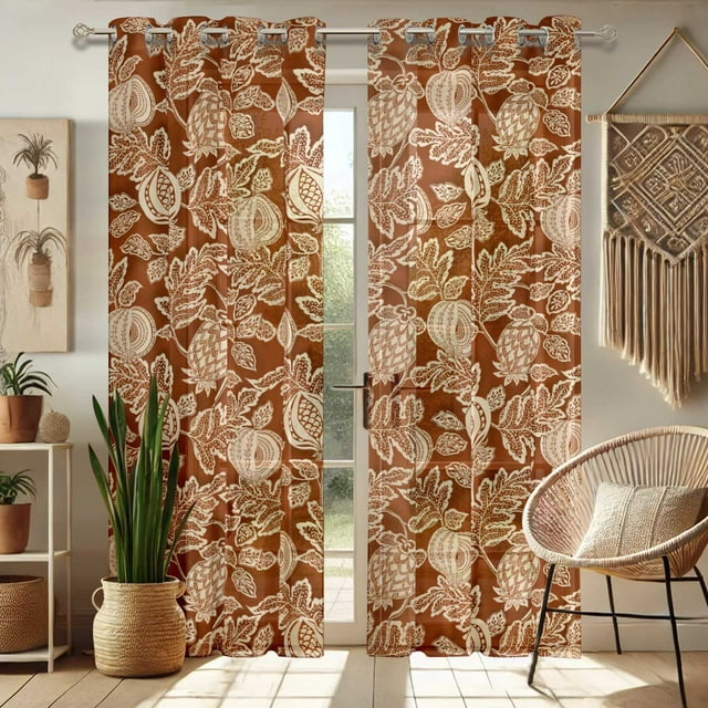 Vargottam Brown Fruits Print Sheer Curtains for Short Windows - Set of 2 Panels, 63", Grommet Top, Printed Georgette, Light Filtering Drapes for Kitchen or Bedroom