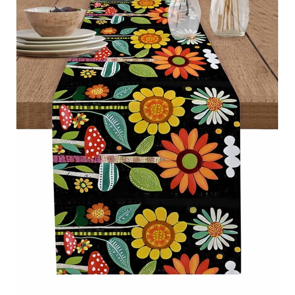 Ldtrchee Vintage Sunflower Table Runner 72 Inches, Summer Botanical Flower Black Bed Runner Dresser Scarves Tabletop for Indoor Outdoor Parties/Ceremony/Banquet, 14" x 72"