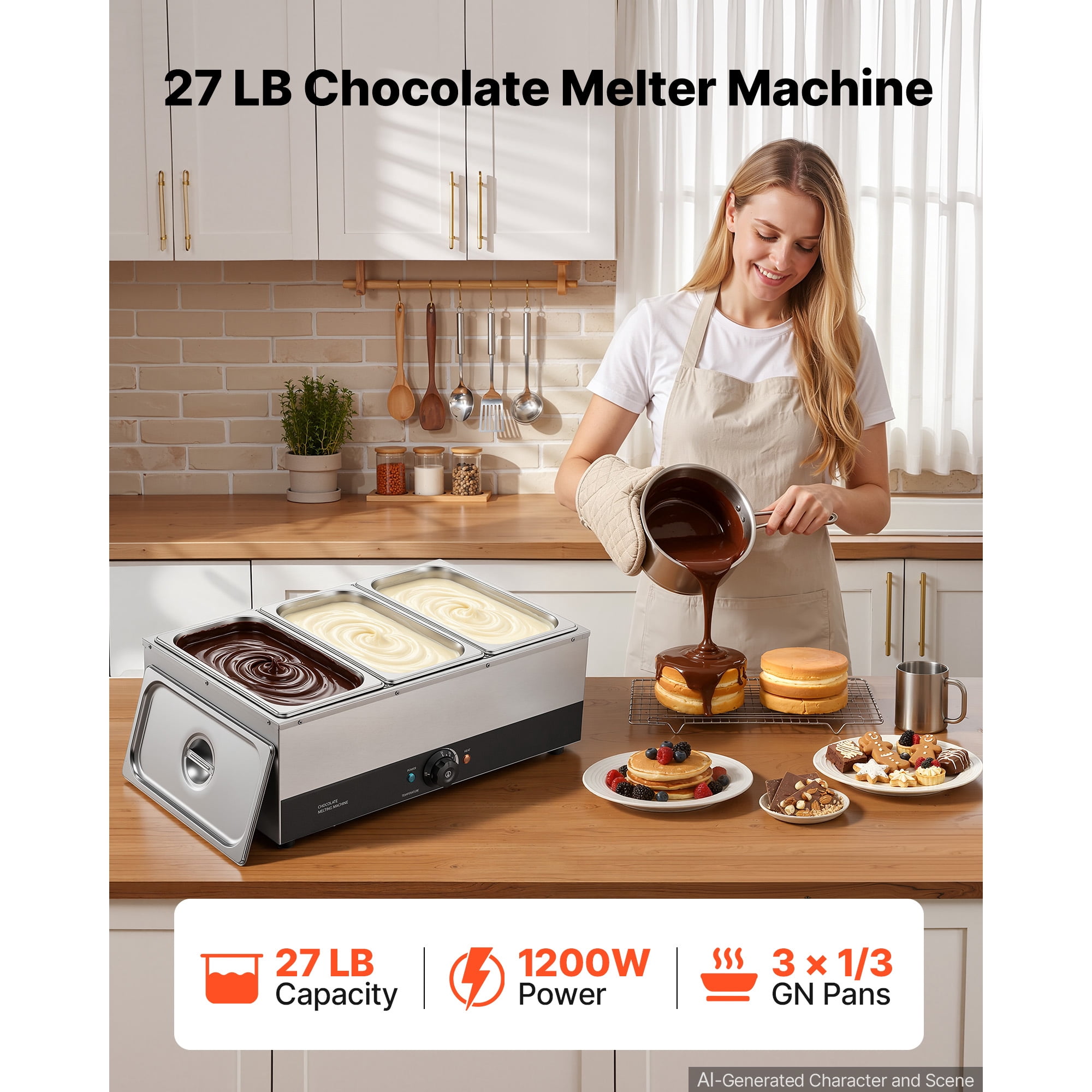 KFFKFF Chocolate Melting Machine with 3 Tanks, 27 Lbs Capacity, 1200W Power, Water Bath Heating System, Stainless Steel Construction, Adjustable Temperature Range from 86℉ to 185℉, Ideal for Melting
