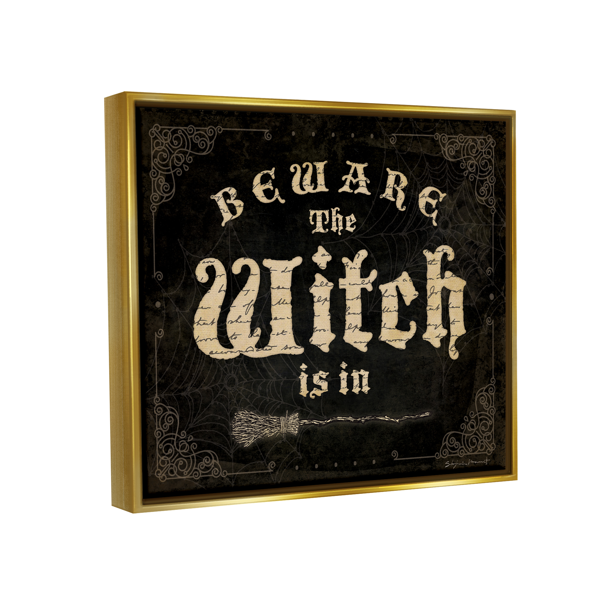 Stupell Industries Beware The Witch Vintage Phrase Holiday Painting Gold Floater Framed Art Print Wall Art