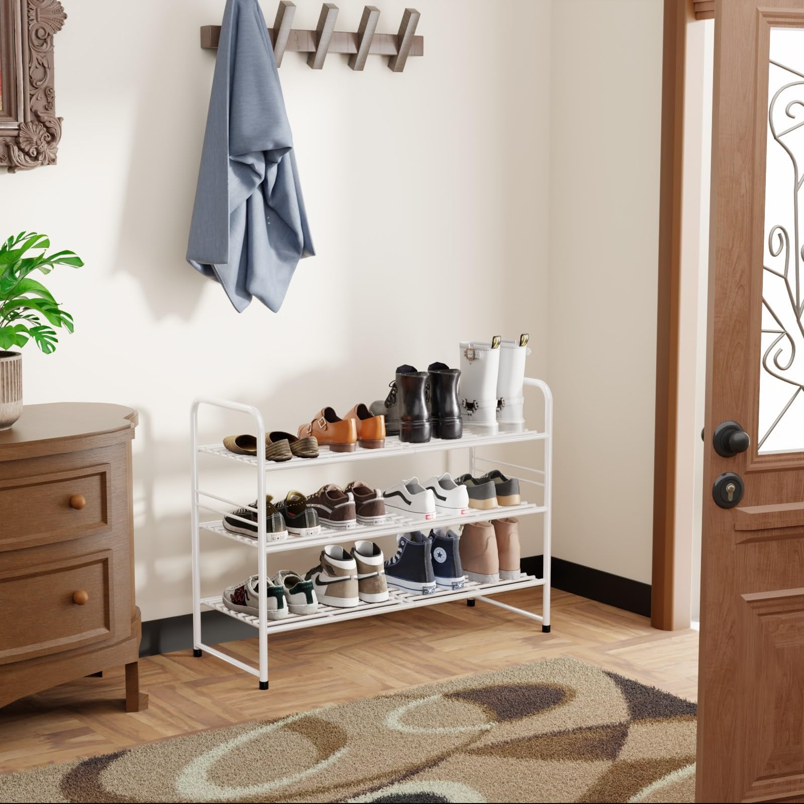 3-Tier Metal Shoes Rack for Closet, 33" Wide Shoe Storage Organizer,  White