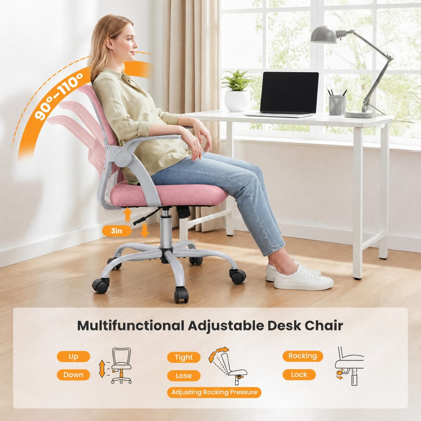 Kelno Ergonomic Mesh Office Chair Mid Back Desk Chair with Lumbar Support Flip-up Armrests Adjustable Height Swivel Task Chair, Pink