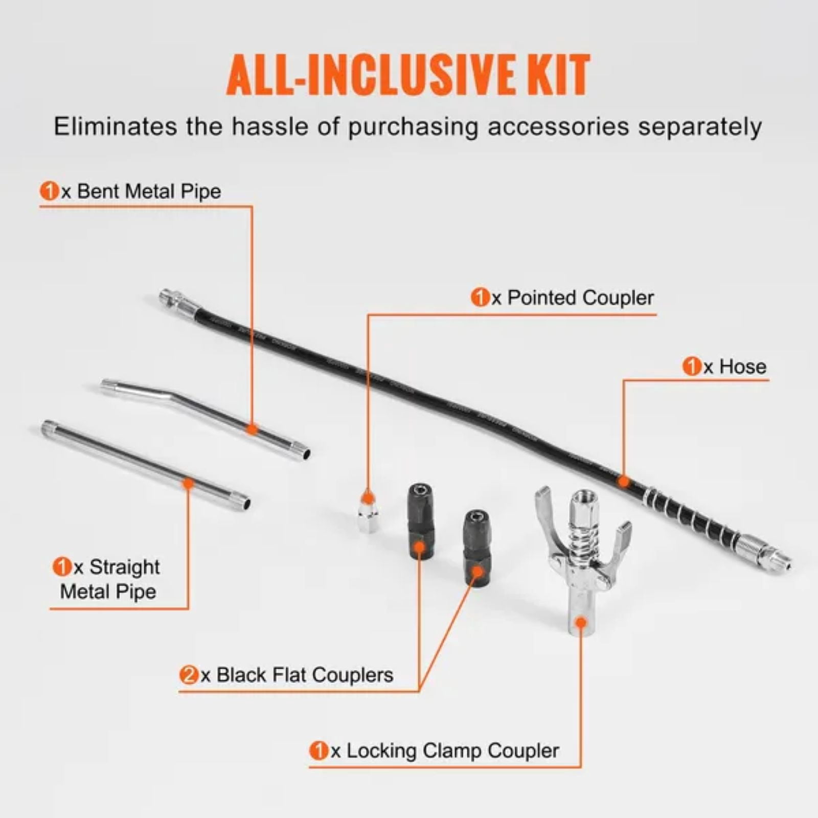 Air Operated Grease Gun, 6000PSI, 14 OZ/400 CC Capacity Heavy Duty Pneumatic Grease Gun, with 18.5 Inch Flexible Hose, 1 Black Flat Coupler Pointed Coupler Bent Metal Pipe Locking Clamp Coupler
