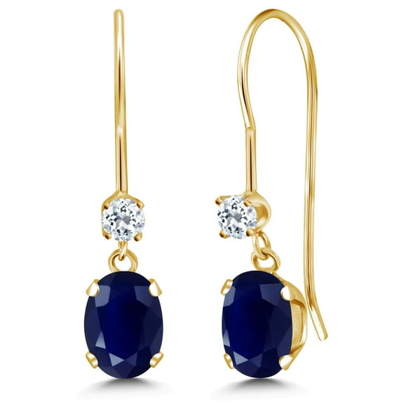 Gem Stone King 14K Yellow Gold Blue Sapphire and White Topaz French Wire Dangle Earrings for Women (1.26 Cttw, Gemstone September Birthstone, Oval 6X4MM and Round 2.5MM)
