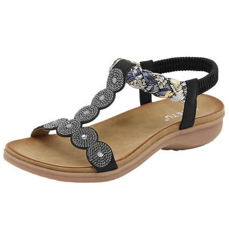 

Sandals Bohemian Rhinestones Comfortable Round Toe Beach Resort Large Flat Shoes