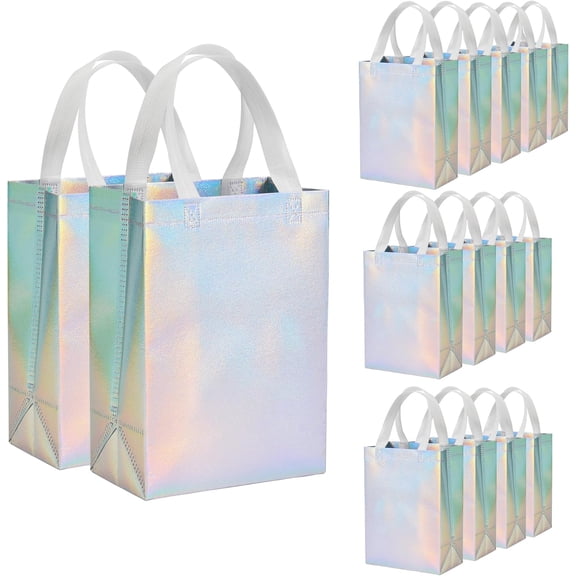 15 count Iridescent Glossy  Bags Medium Size, 8x4x10 Inch Holographic   Bags with Handles & Sturdy Base,  for Birthday, Wedding